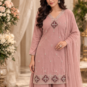 Rose Pink Chinon V Neck Kurta Set with Dupatta