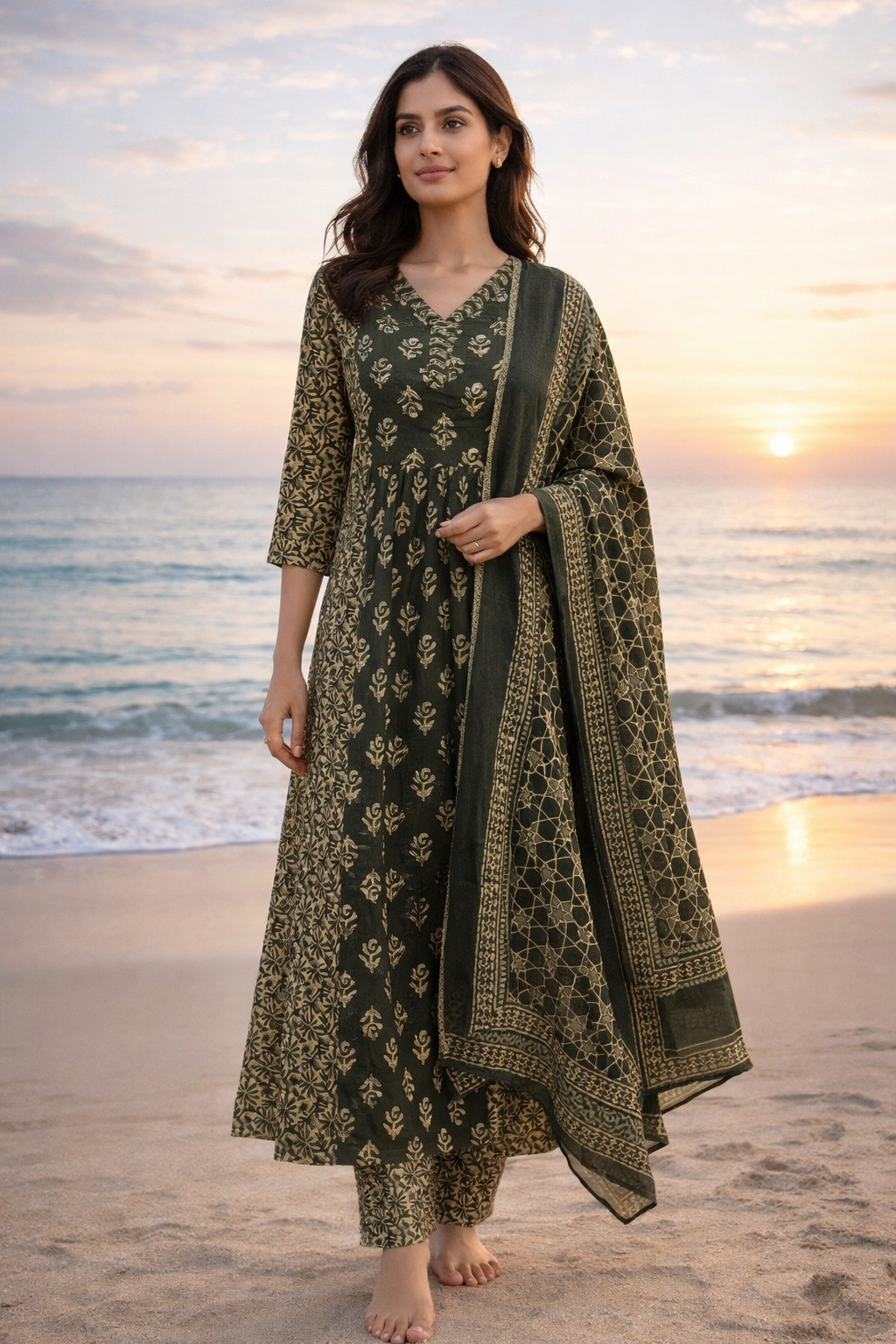 flared dark green cotton suit with dupatta dark green cotton suit