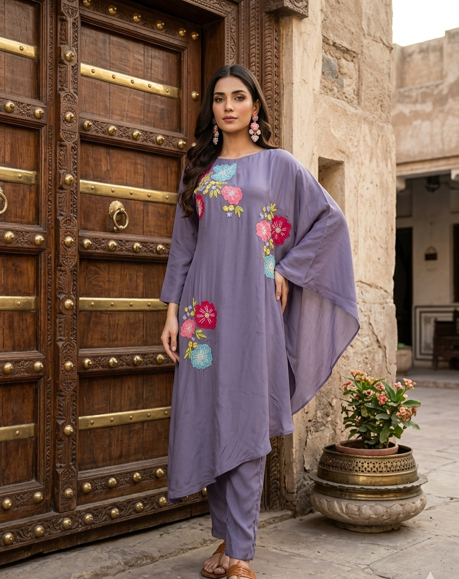 Lavender Crepe Kaftan Pant Set with Applique Work