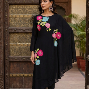 designer applique work crepe kaftan set