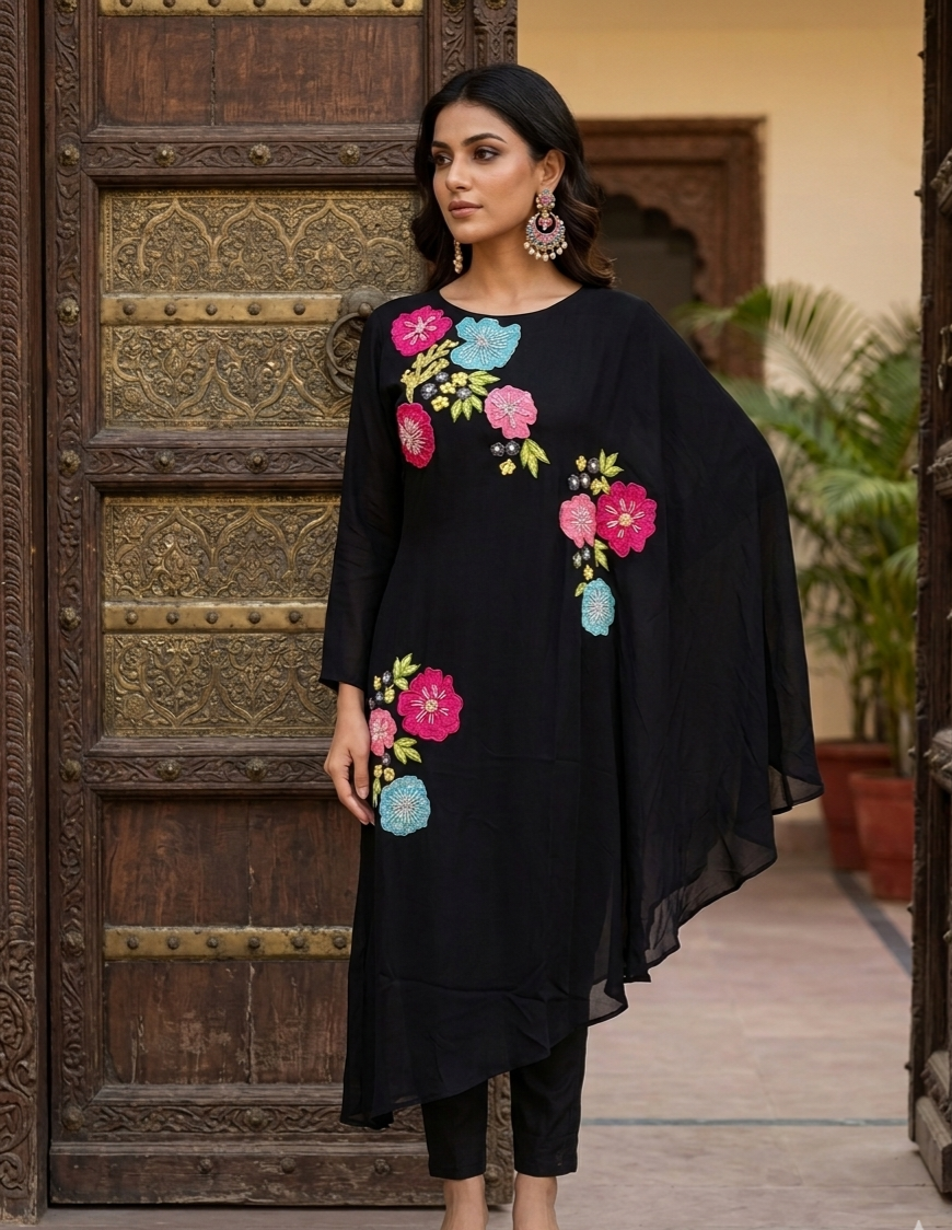 designer applique work crepe kaftan set designer applique work crepe kaftan set