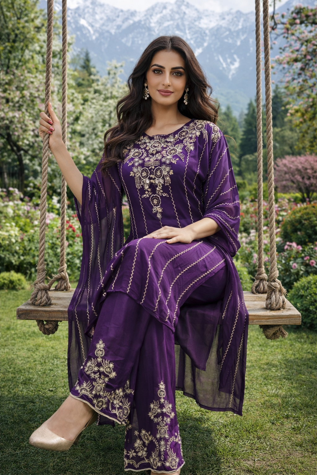 purple mirror work kaftan palazzo set