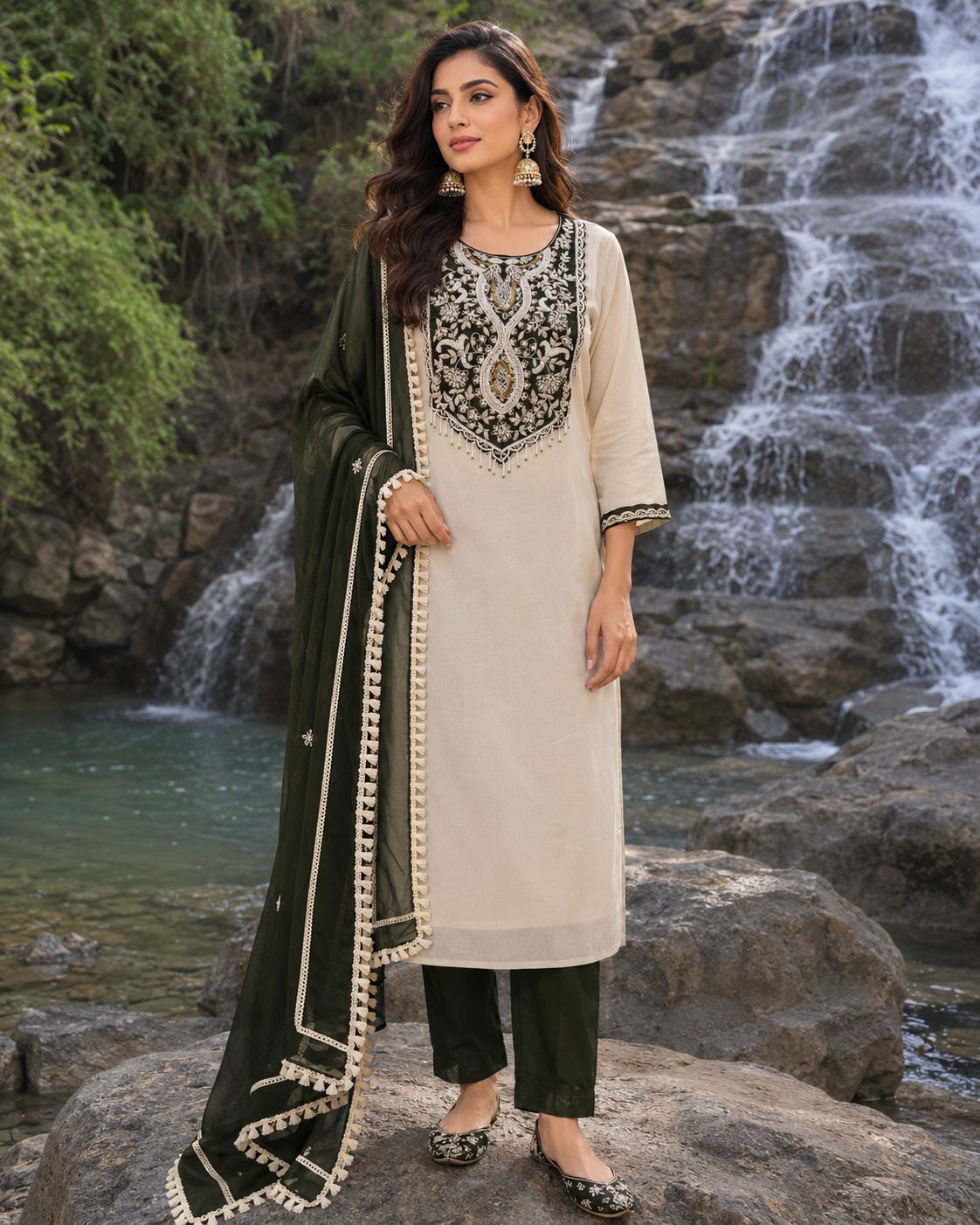 olive green tissue kurta pant set