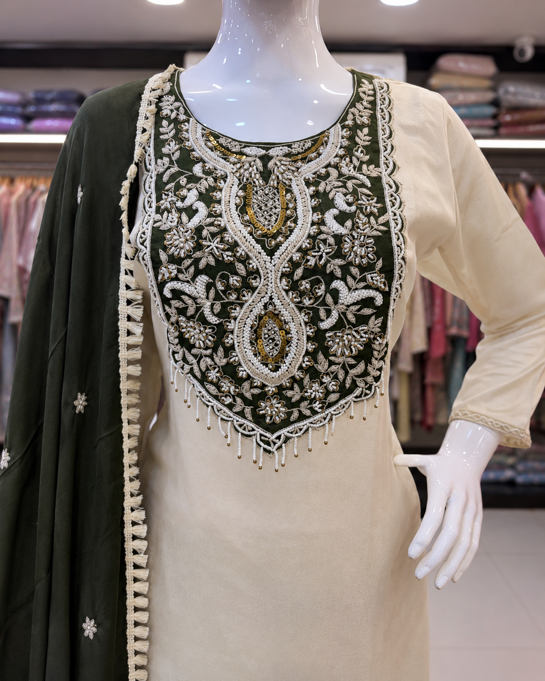 Olive Green Tissue Kurta Pant Set with Dupatta for Women | Premium Handwork 3 Piece Suit - Image 2