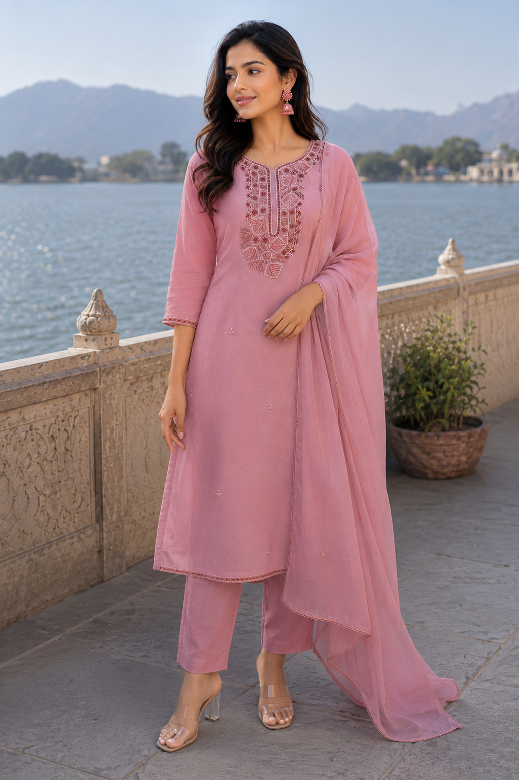 handwork tissue kurta pant set for women
