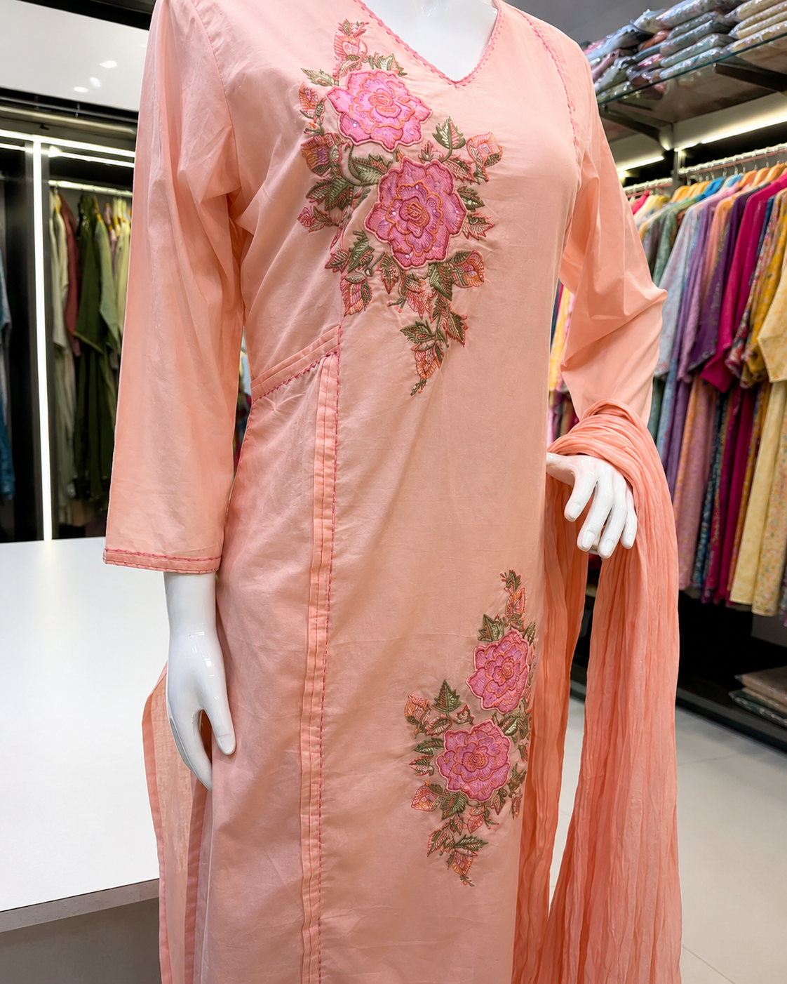 Premium Peach Cotton Kurta Pant Set with Dupatta - Image 5