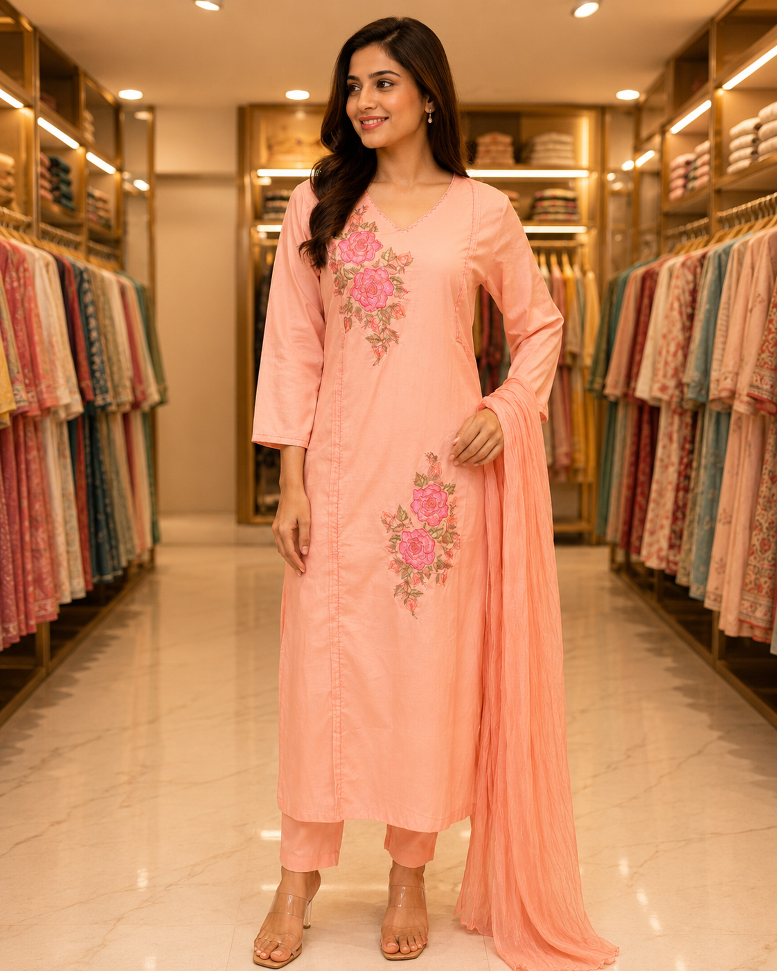 Premium Peach Cotton Kurta Pant Set with Dupatta - Image 2